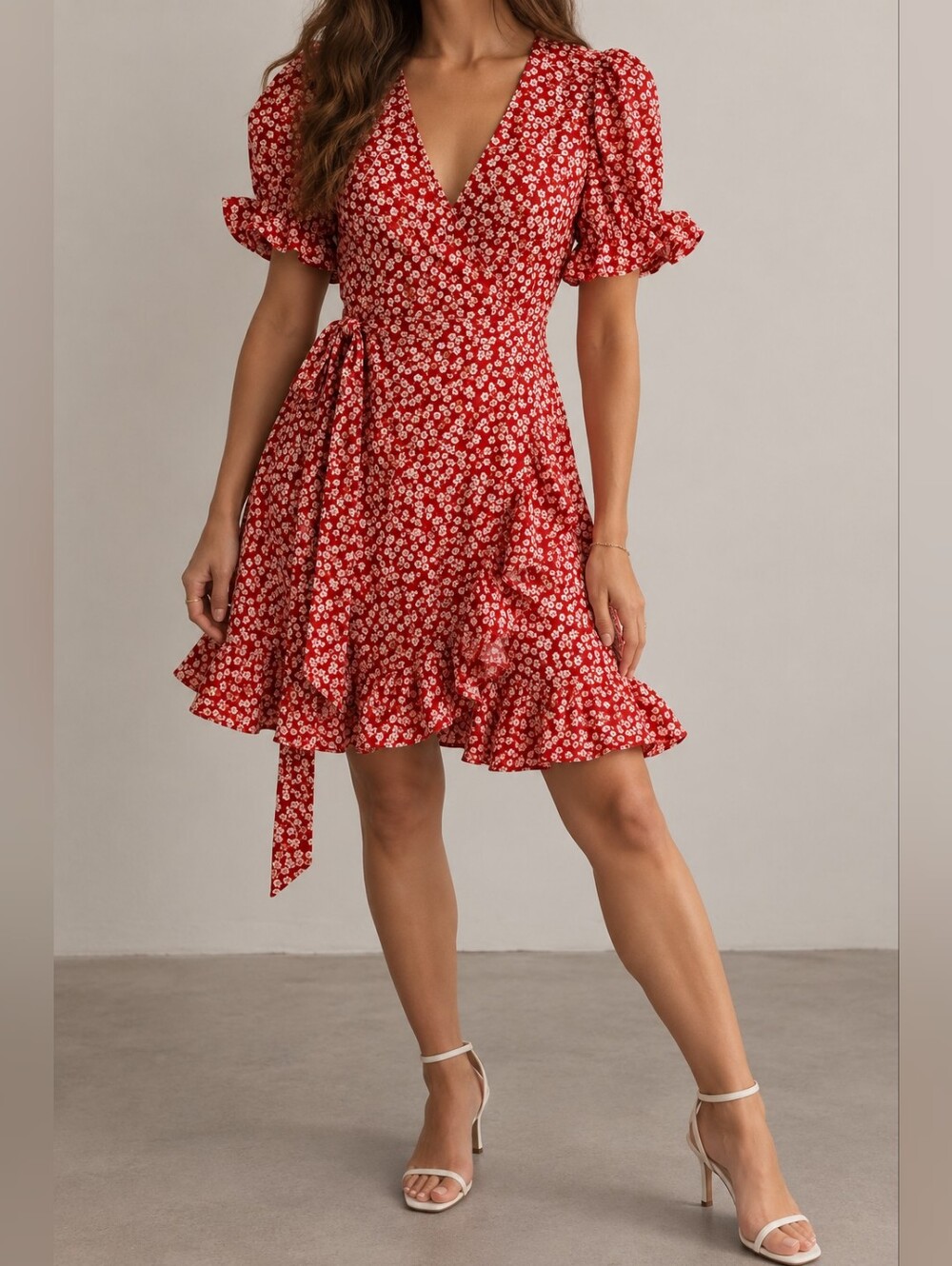 Polly Red Floral Wrap Ruffle Mini Dress Size US 0 / AU 4